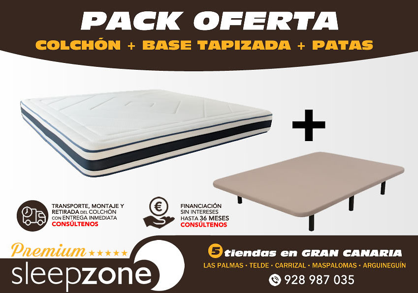 Pack Colchón Confort Basic y Base Tapizada 3D con juego de 6 patas  metálicas  Tienda online de colchones, sofás y complementos para el  descanso en Canarias